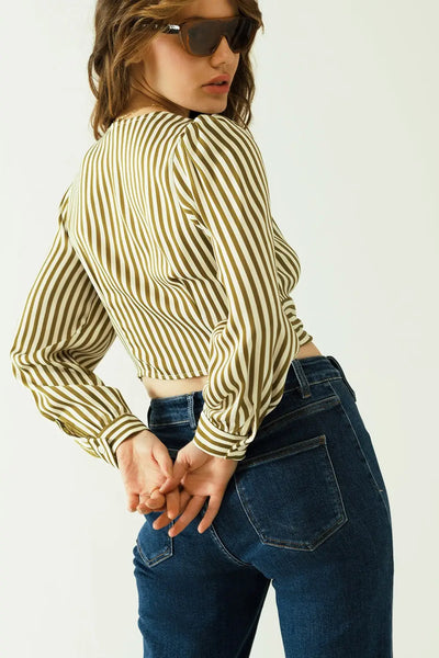 White long sleeves crop top with brown stripes and v-neck - Tops