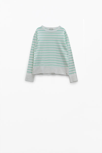 White long sleeves sweater with light green stripes