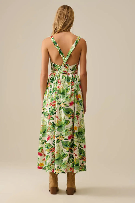 White Long Wrap Dress with Tropical Print - Dresses
