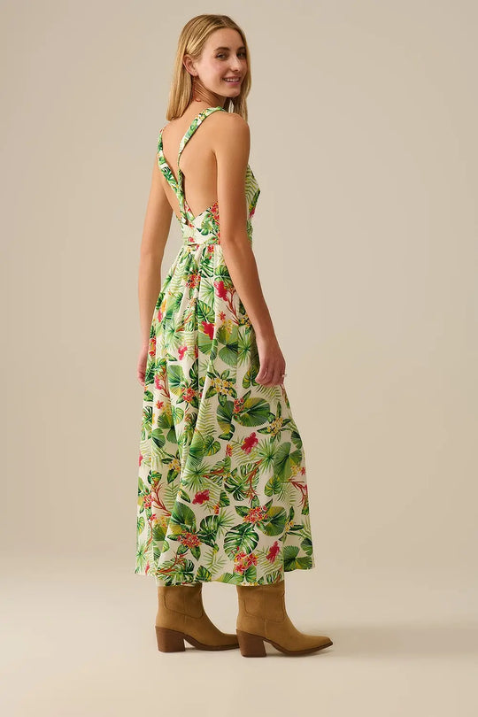 White Long Wrap Dress with Tropical Print - Dresses