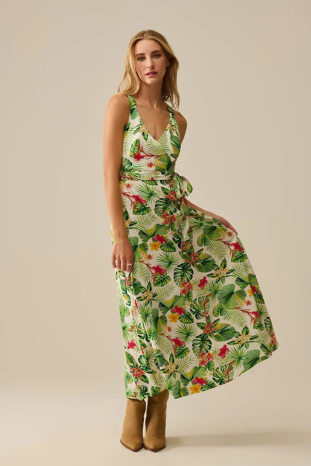 White Long Wrap Dress with Tropical Print - Dresses