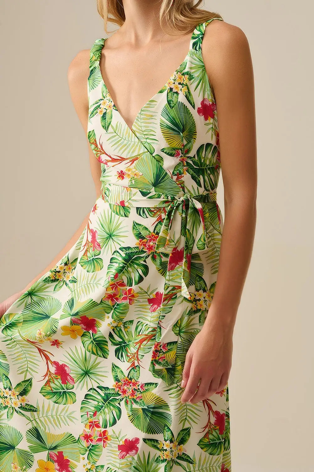 White Long Wrap Dress with Tropical Print - Dresses