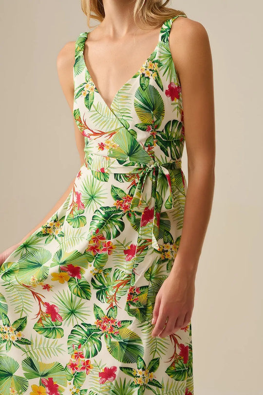 White Long Wrap Dress with Tropical Print - Dresses
