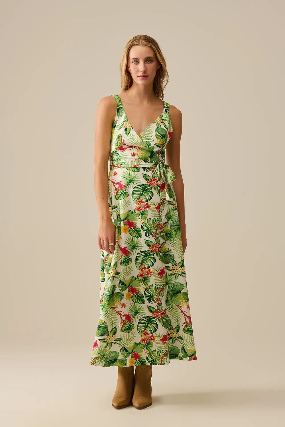 White Long Wrap Dress with Tropical Print - Dresses
