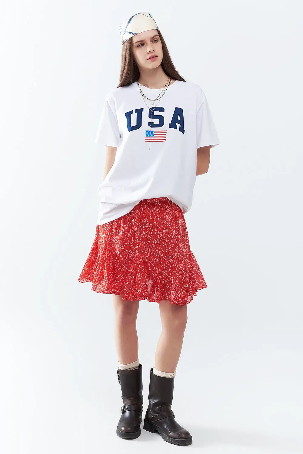 Q2 White loose long t-shirt with USA logo