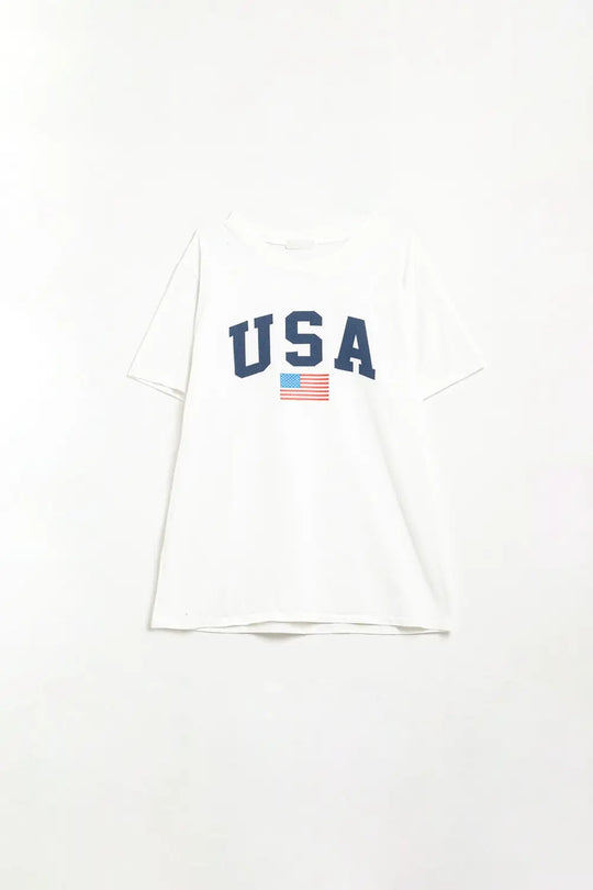 White loose long t-shirt with USA logo - One Size / White - Tops