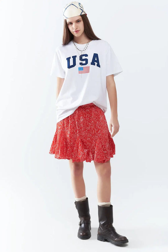 White loose long t-shirt with USA logo - One Size / White - Tops