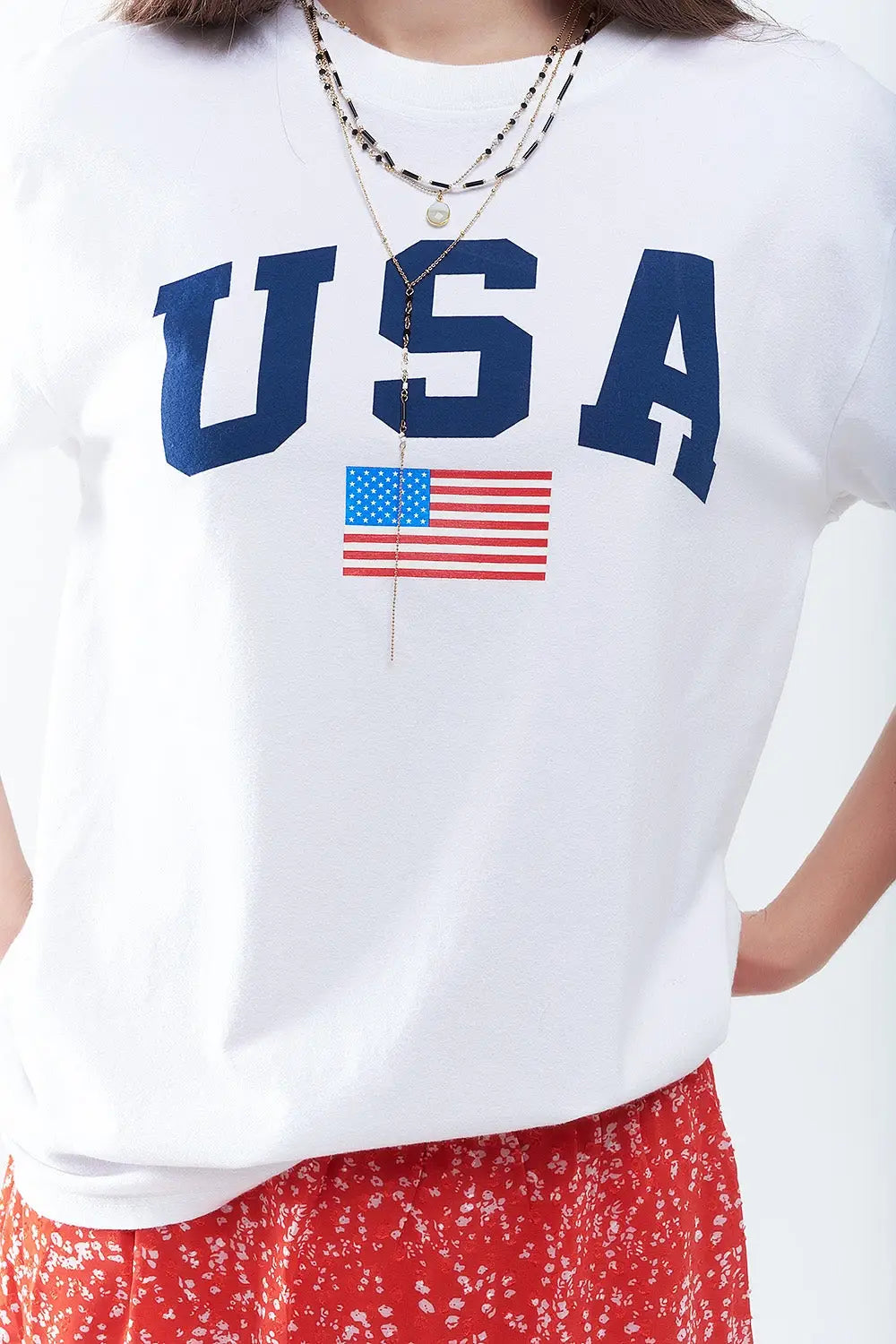 White loose long t-shirt with USA logo - One Size / White - Tops
