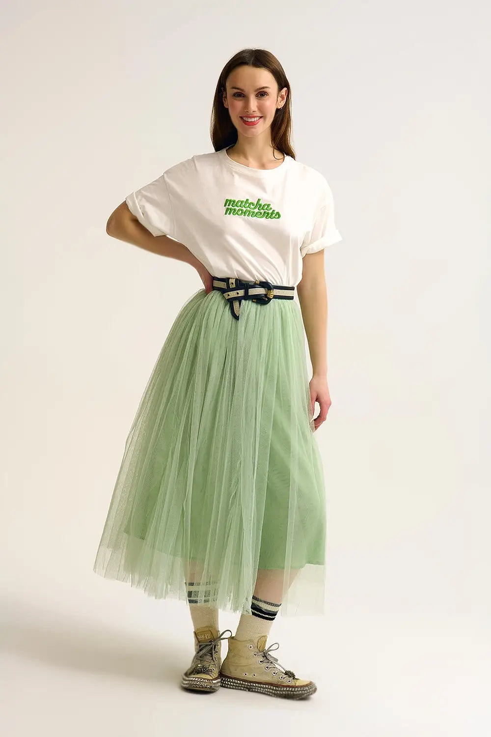 White Matcha Moments Embroidered Tee in Green - One Size / White - Tops
