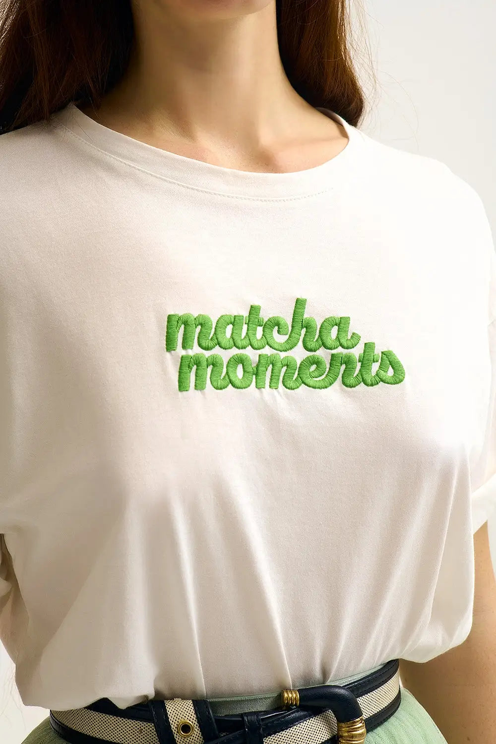 White Matcha Moments Embroidered Tee in Green - One Size / White - Tops