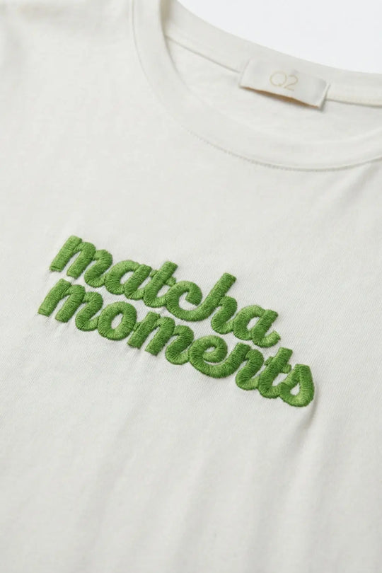 White Matcha Moments Embroidered Tee in Green - One Size / White - Tops
