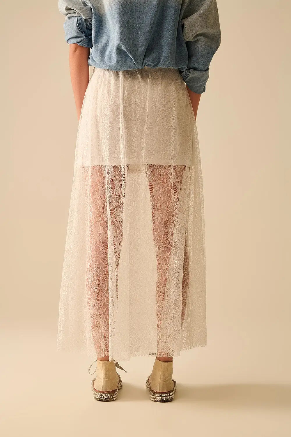 White maxi lace skirt with sequin detail - Skirts