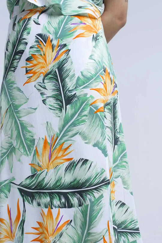 White midi dress in tropical leaves - Dresses