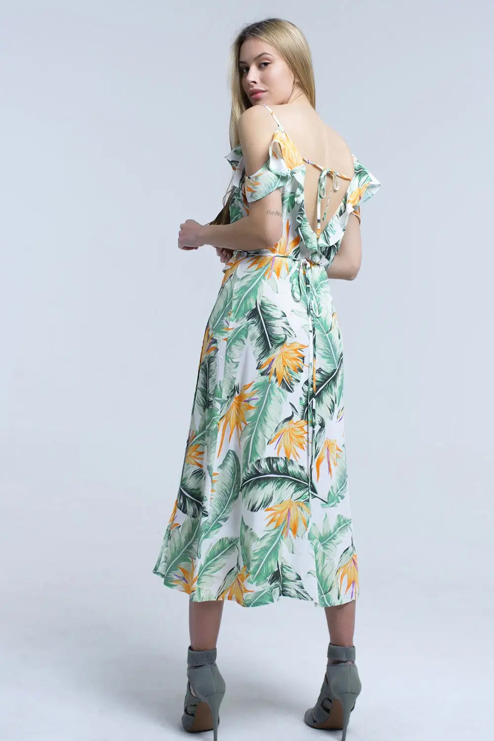 White midi dress in tropical leaves - Dresses