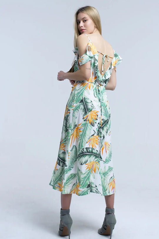 White midi dress in tropical leaves - Dresses