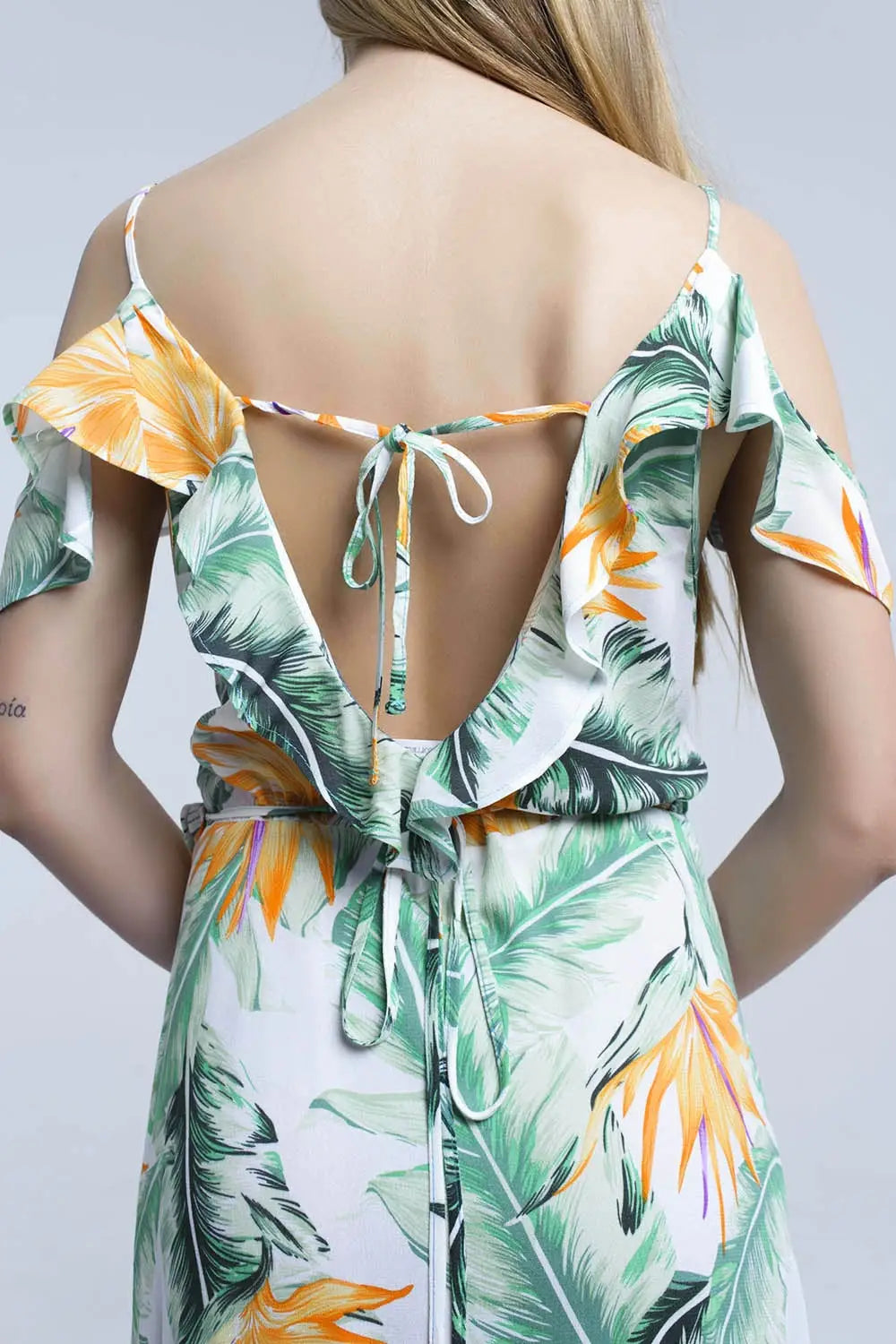 White midi dress in tropical leaves - Dresses