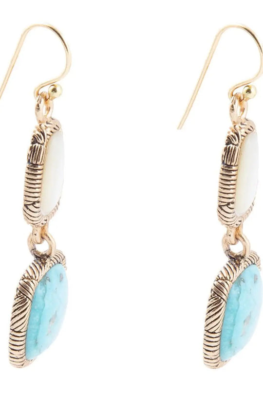 White Mother of Pearl and Blue turquoise Golden Bronze Drop Earrings - Earrings