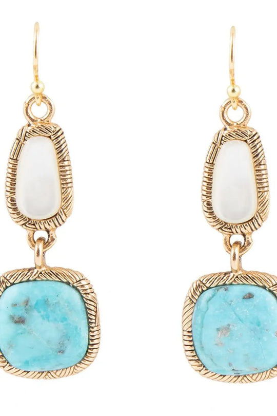 White Mother of Pearl and Blue turquoise Golden Bronze Drop Earrings - Earrings