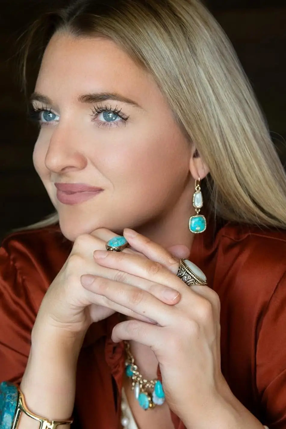 White Mother of Pearl and Blue turquoise Golden Bronze Drop Earrings - Earrings
