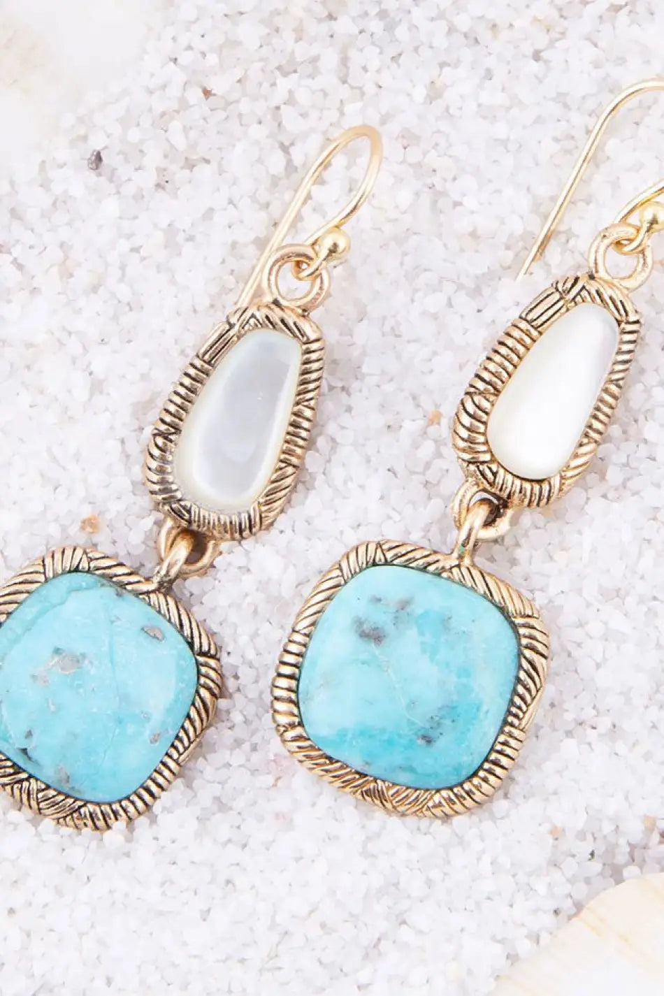 White Mother of Pearl and Blue turquoise Golden Bronze Drop Earrings - Earrings