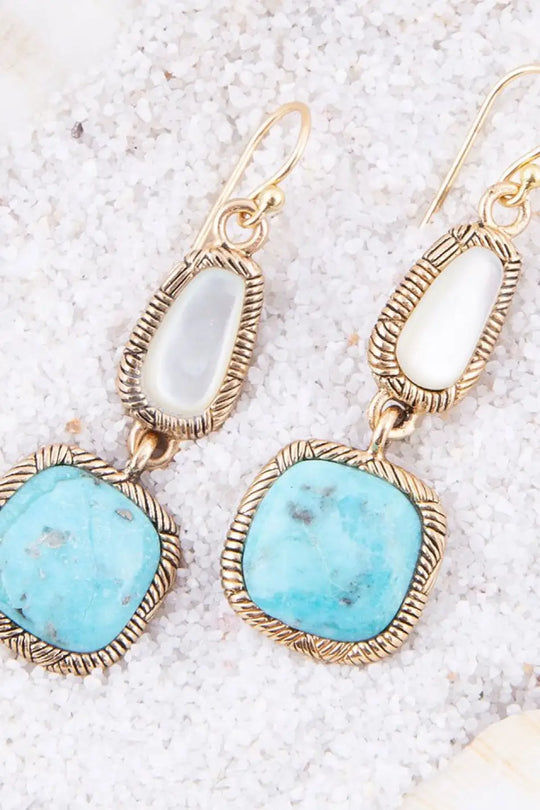 White Mother of Pearl and Blue turquoise Golden Bronze Drop Earrings - Earrings