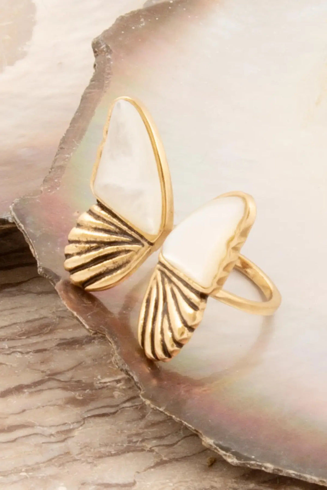 White Mother of Pearl Golden Butterfly Statement Ring - Rings