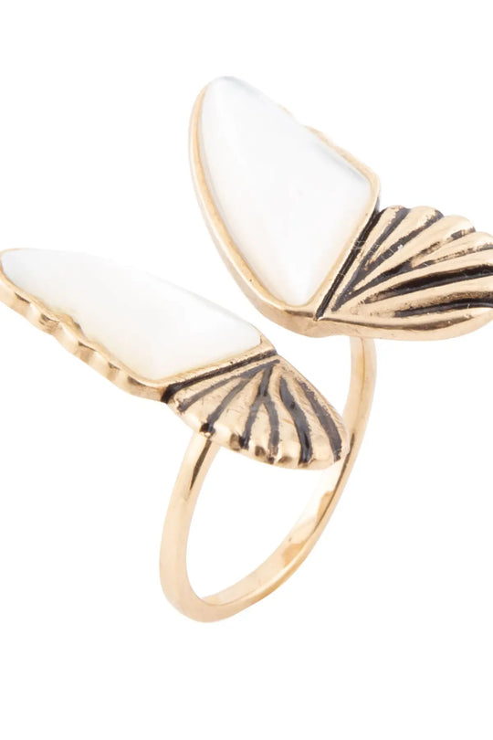 White Mother of Pearl Golden Butterfly Statement Ring - Rings