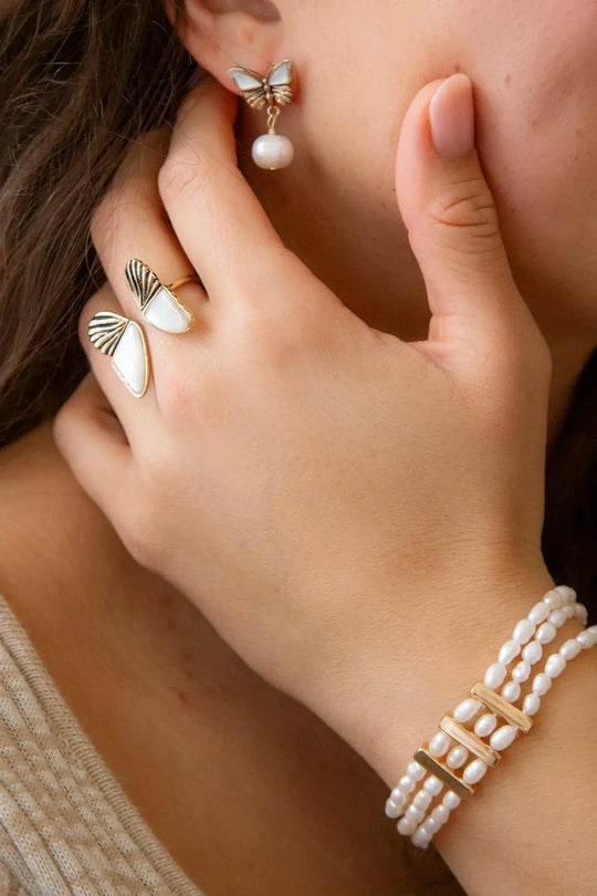 White Mother of Pearl Golden Butterfly Statement Ring - Rings