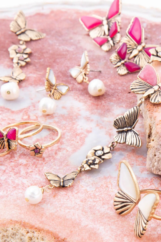White Mother of Pearl Golden Butterfly Statement Ring - Rings