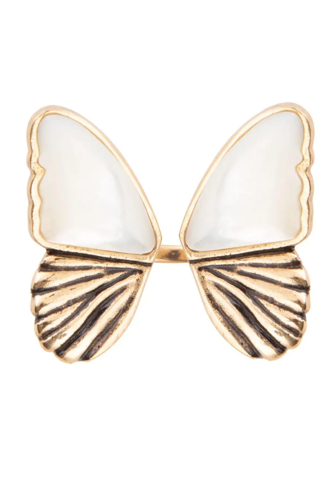 White Mother of Pearl Golden Butterfly Statement Ring - Rings