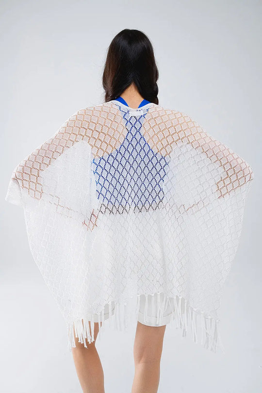 White Open Cardigan With Fringe Ends and 3/4 sleeves - One Size / White - Sweaters