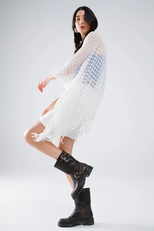White Open Cardigan With Fringe Ends and 3/4 sleeves - One Size / White - Sweaters