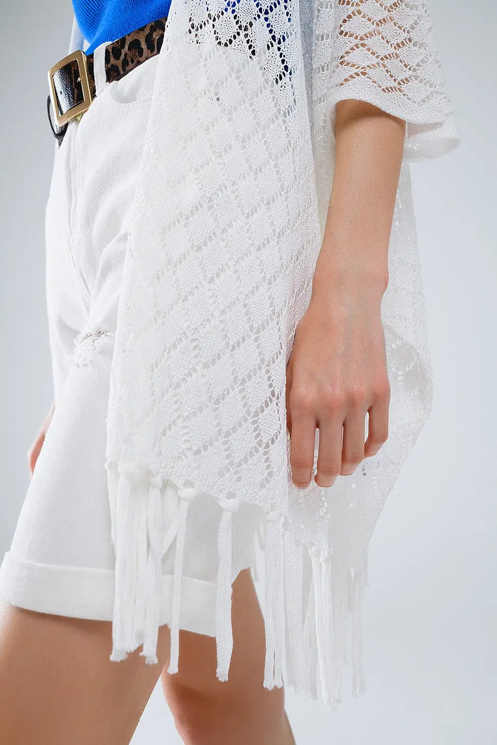 White Open Cardigan With Fringe Ends and 3/4 sleeves - One Size / White - Sweaters