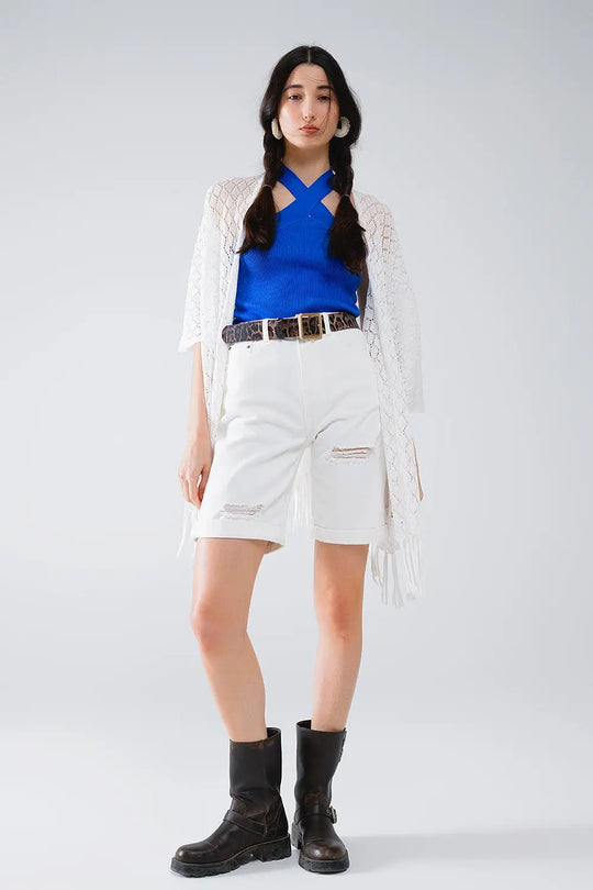 White Open Cardigan With Fringe Ends and 3/4 sleeves - One Size / White - Sweaters