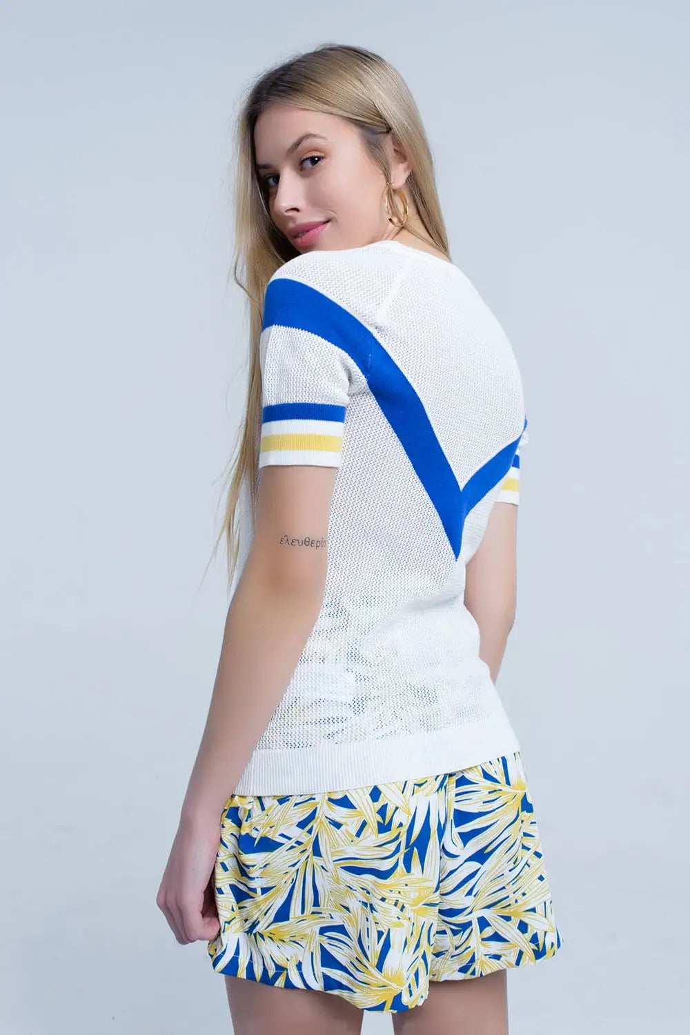 White openwork sweater with blue detail - Sweaters