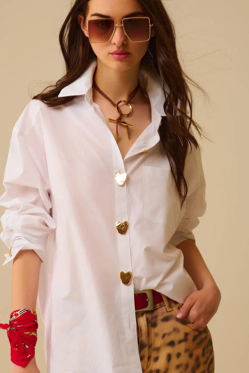 Q2 White Oversized Blouse with Gold Heart Buttons