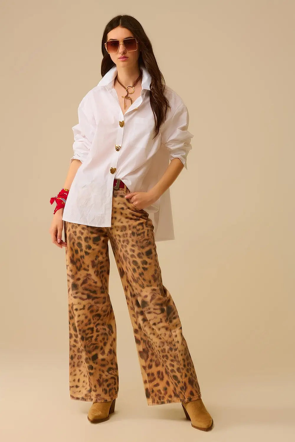 White Oversized Blouse with Gold Heart Buttons - Shirts