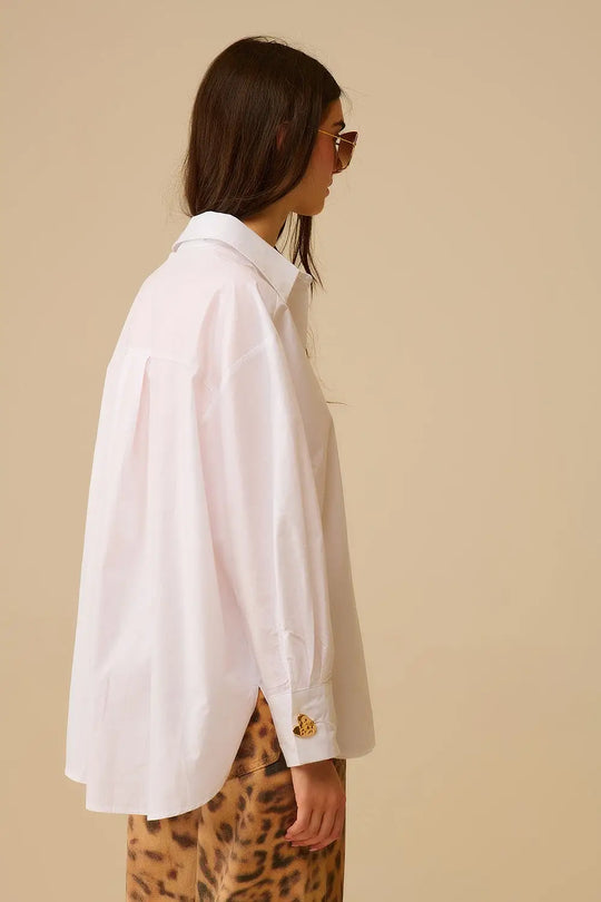White Oversized Blouse with Gold Heart Buttons - Shirts
