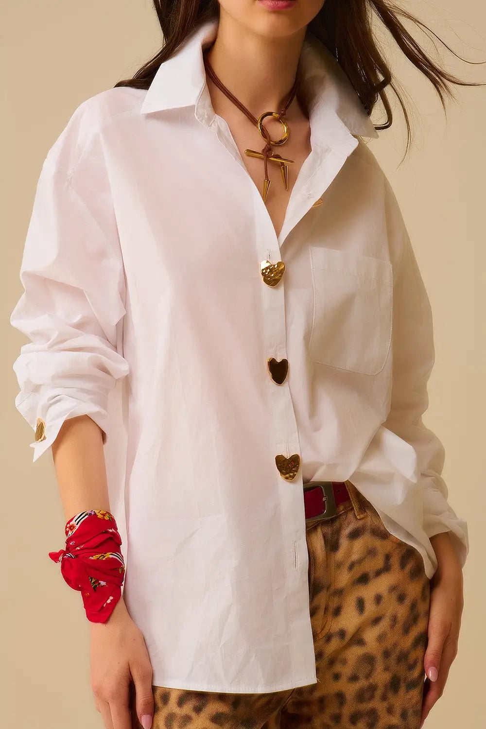 White Oversized Blouse with Gold Heart Buttons - Shirts