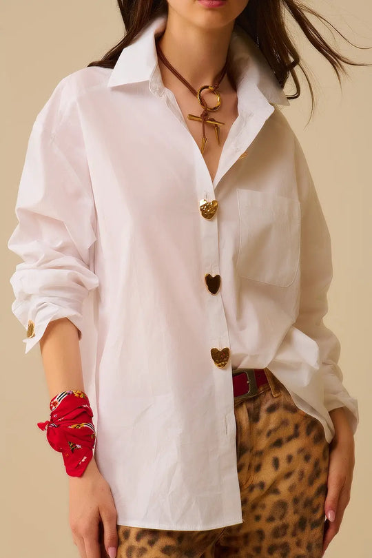 White Oversized Blouse with Gold Heart Buttons - Shirts
