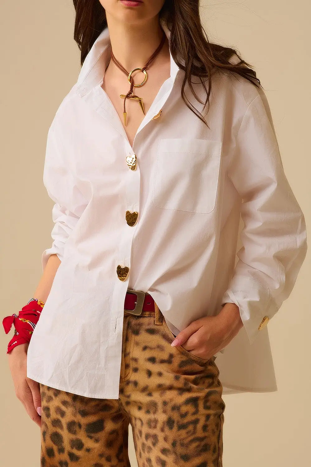 White Oversized Blouse with Gold Heart Buttons - Shirts
