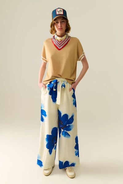 white Palazzo Pants With Blue Tropial Flower Print and Matching Belt