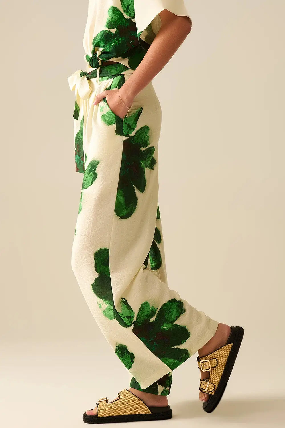 white Palazzo Pants With Green Tropial Flower Print and Matching Belt - Pants