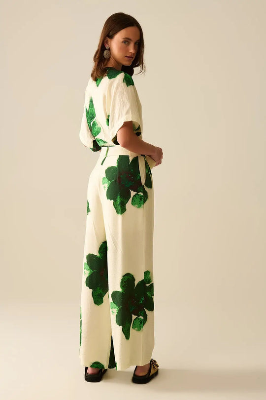 white Palazzo Pants With Green Tropial Flower Print and Matching Belt - Pants