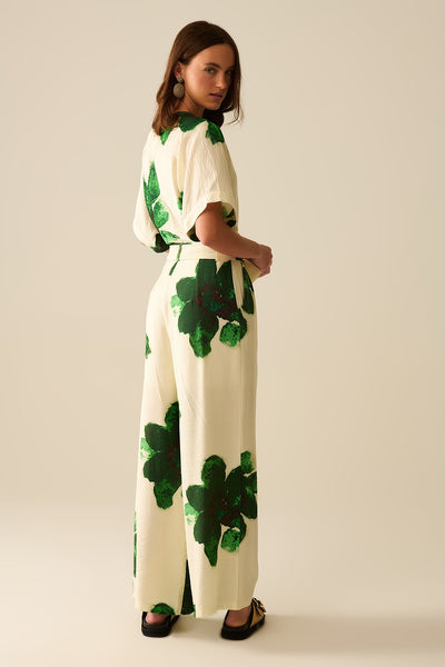 white Palazzo Pants With Green Tropial Flower Print and Matching Belt