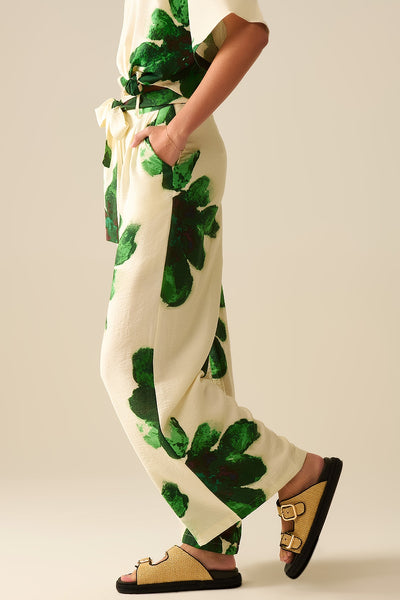 white Palazzo Pants With Green Tropial Flower Print and Matching Belt