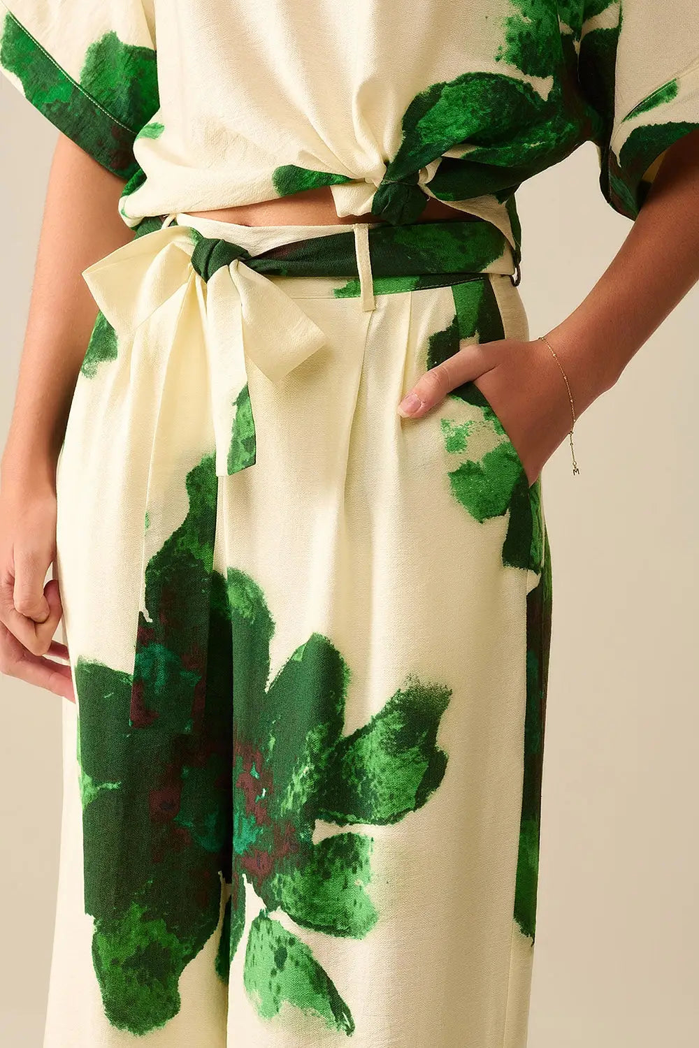 white Palazzo Pants With Green Tropial Flower Print and Matching Belt - Pants