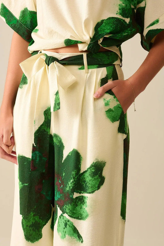 white Palazzo Pants With Green Tropial Flower Print and Matching Belt - Pants