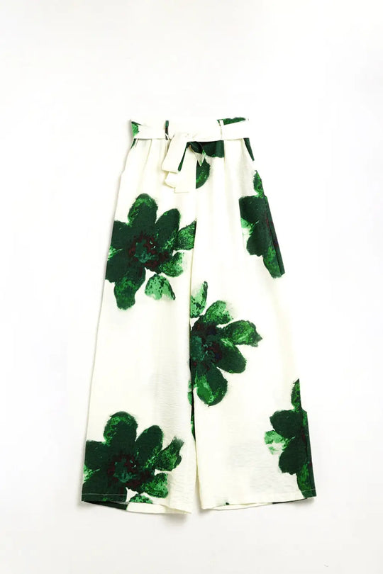 white Palazzo Pants With Green Tropial Flower Print and Matching Belt - Pants