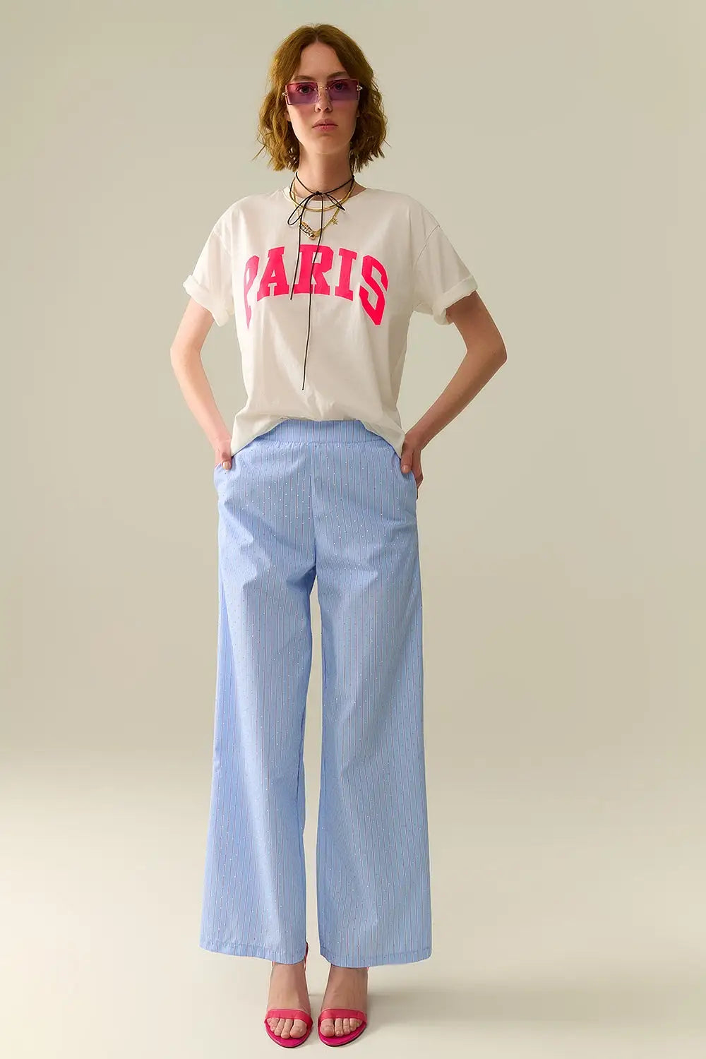 White Paris Relaxed T-shirt with Pink Letters - One Size / White - Tops